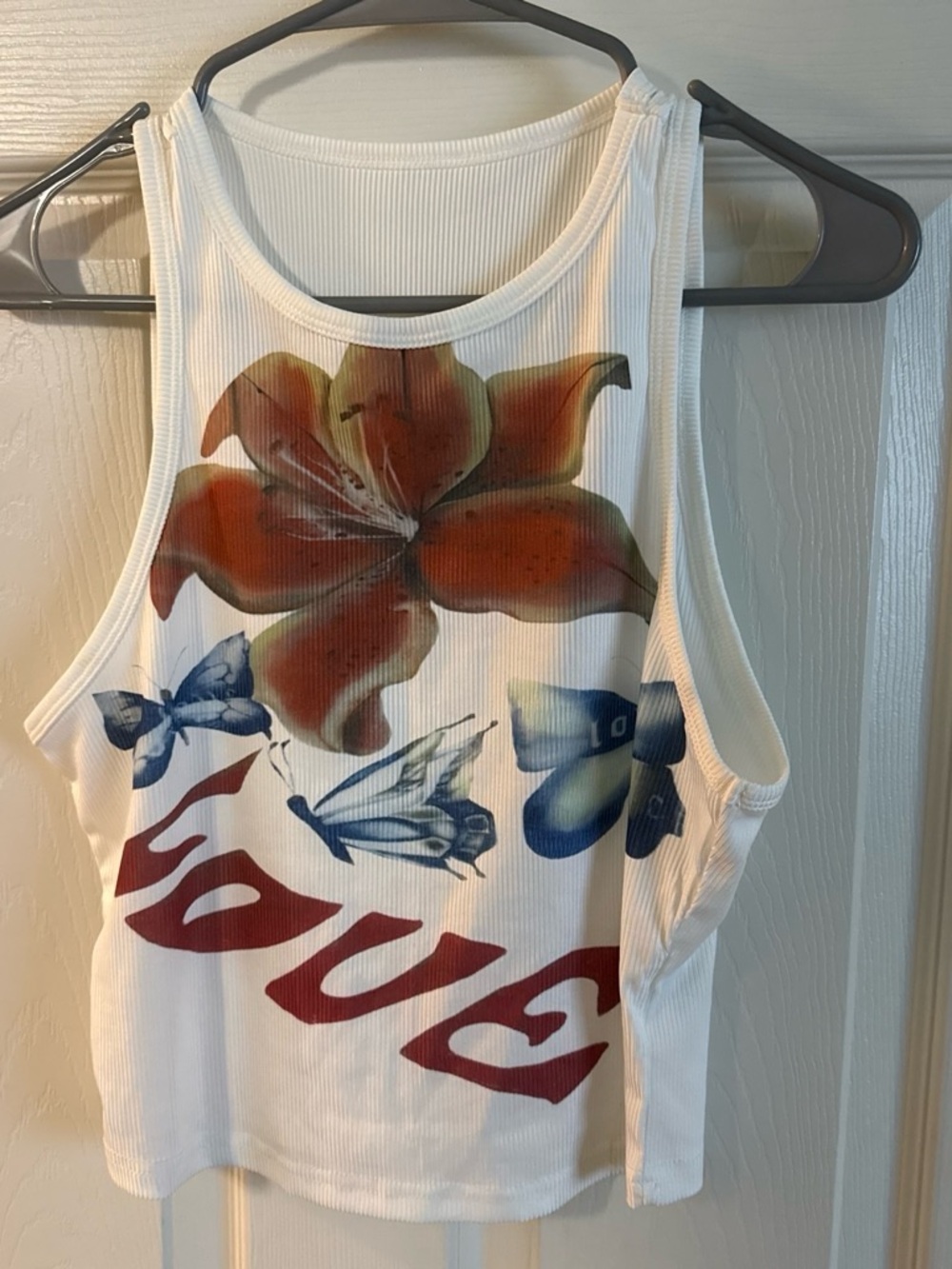 SHEIN White Floral Graphic Tank Top with Red and Blue Accents